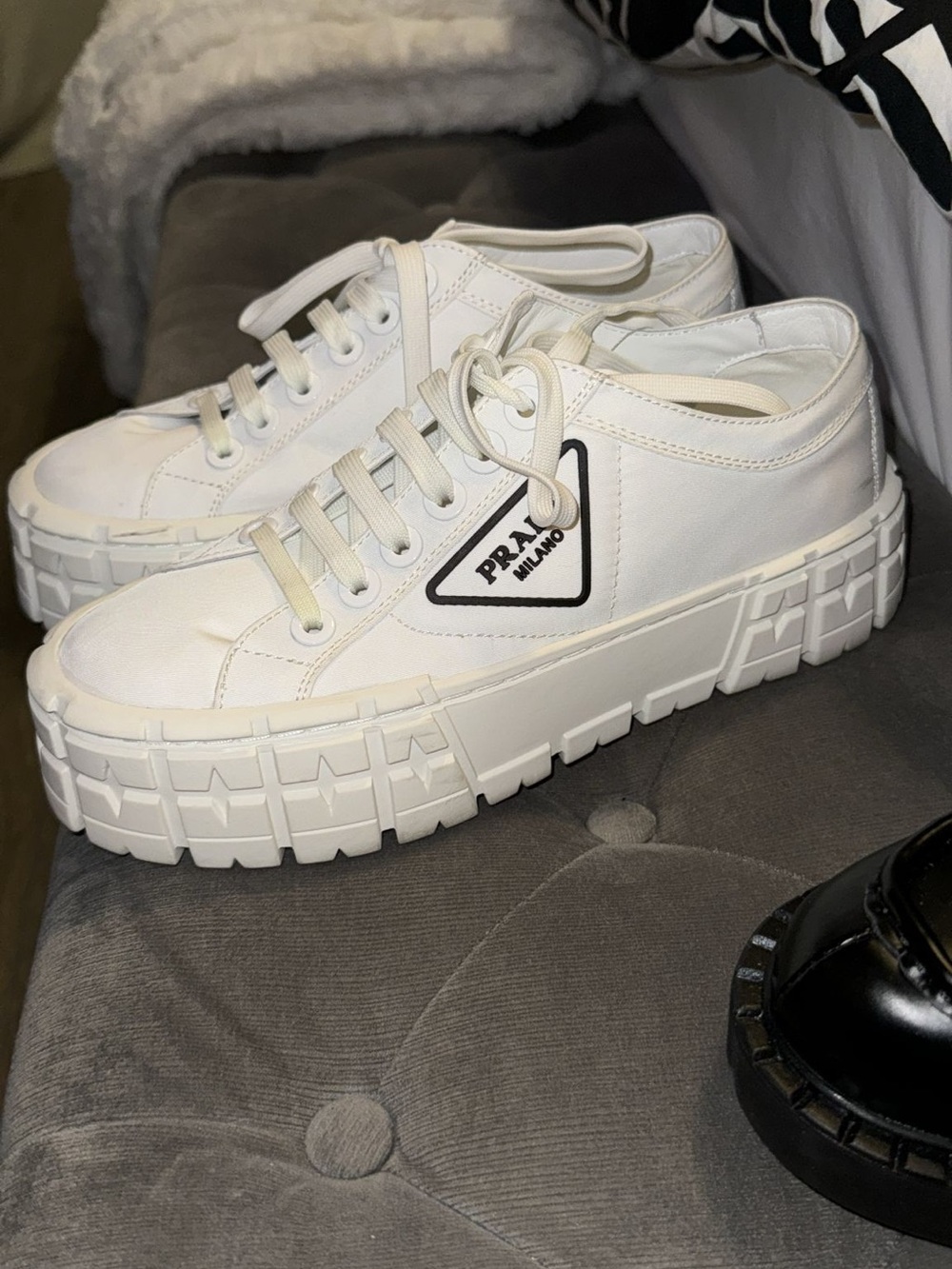 Prada Cream Platform Lace-Up Sneakers